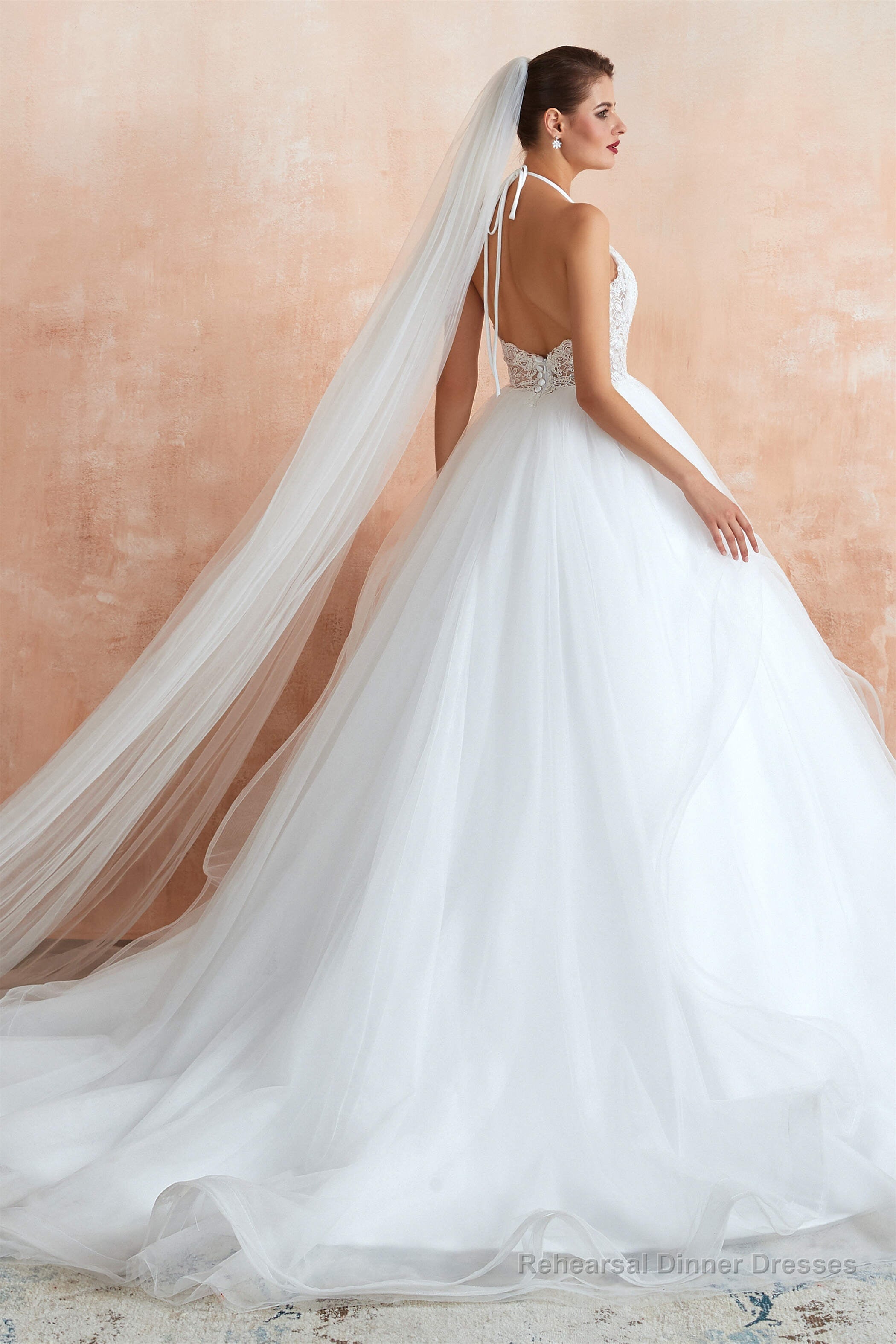 Lace Halter See-through Multi-Layers White Wedding Dresses with Open Back