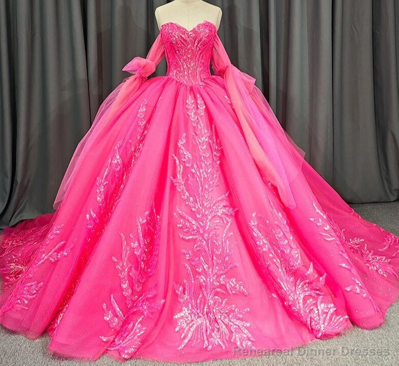 Lace Hot Pink Sequins Ball Gown Quinceaera Dress Main image