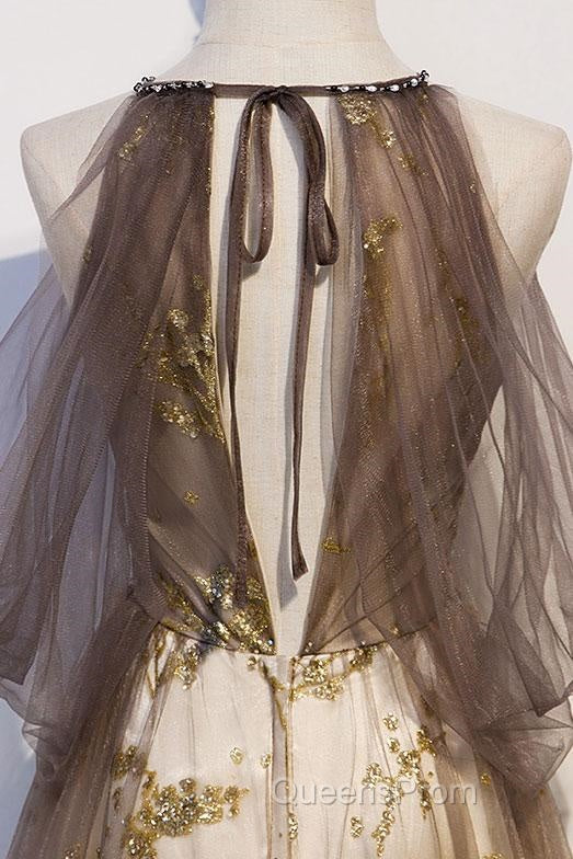 Lace Long Appliques Champagne Tulle Evening Prom Dress