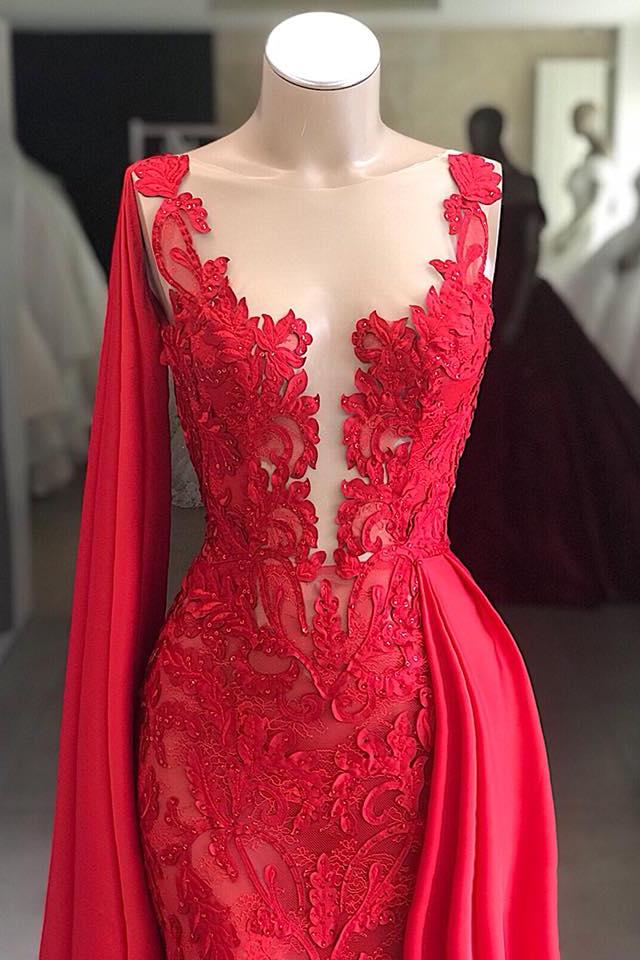 Lace Long Evening Dresses Sleeveless Red Prom Dresses With Cape Secondary image