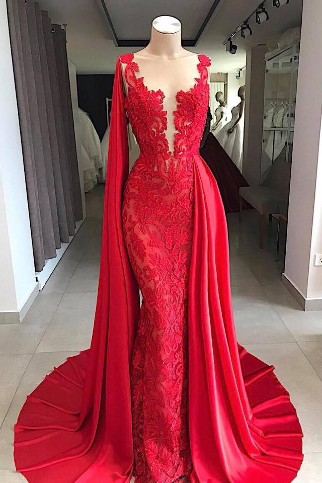 Lace Long Evening Dresses Sleeveless Red Prom Dresses With Cape Main image