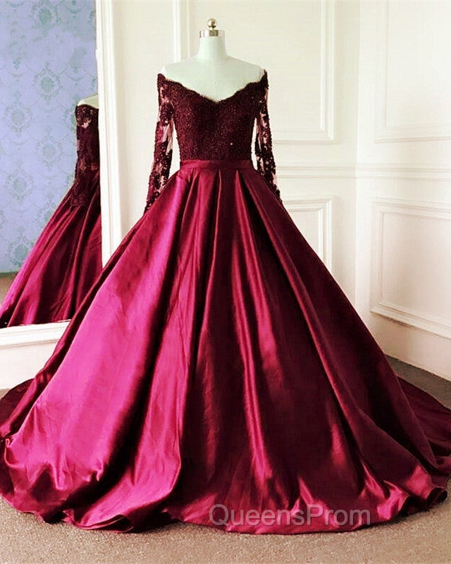 Lace Long Sleeves Ball Gown Satin Dress Off The Shoulder