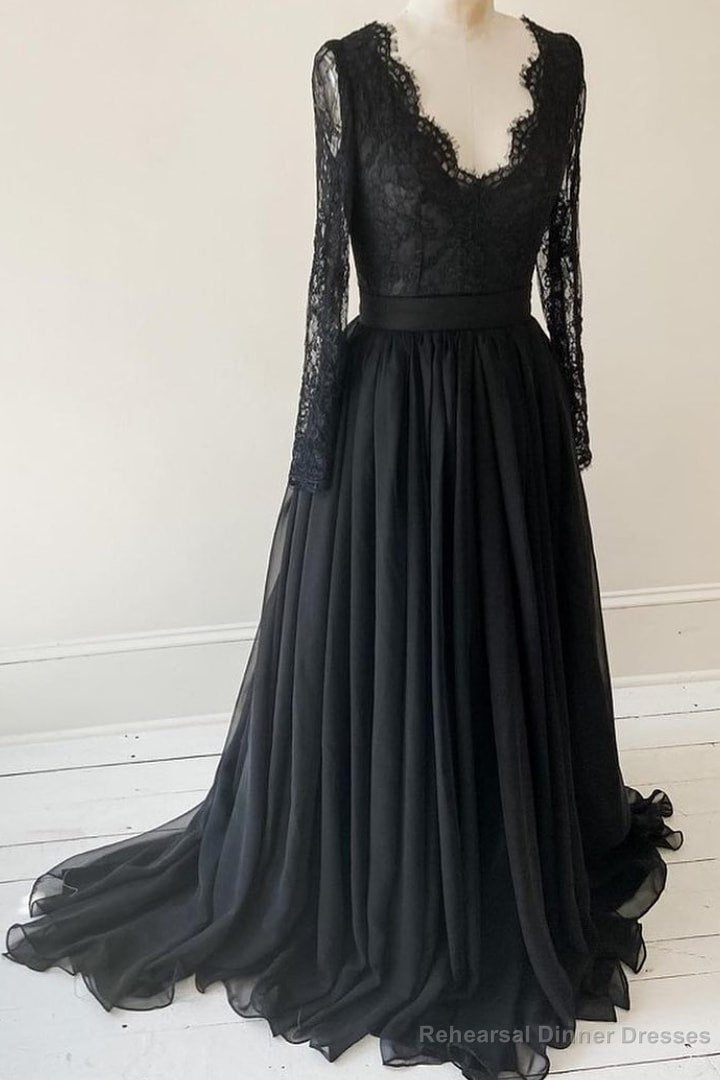 Lace Long Sleeves Black Evening Gown with Chiffon Skirt Main image