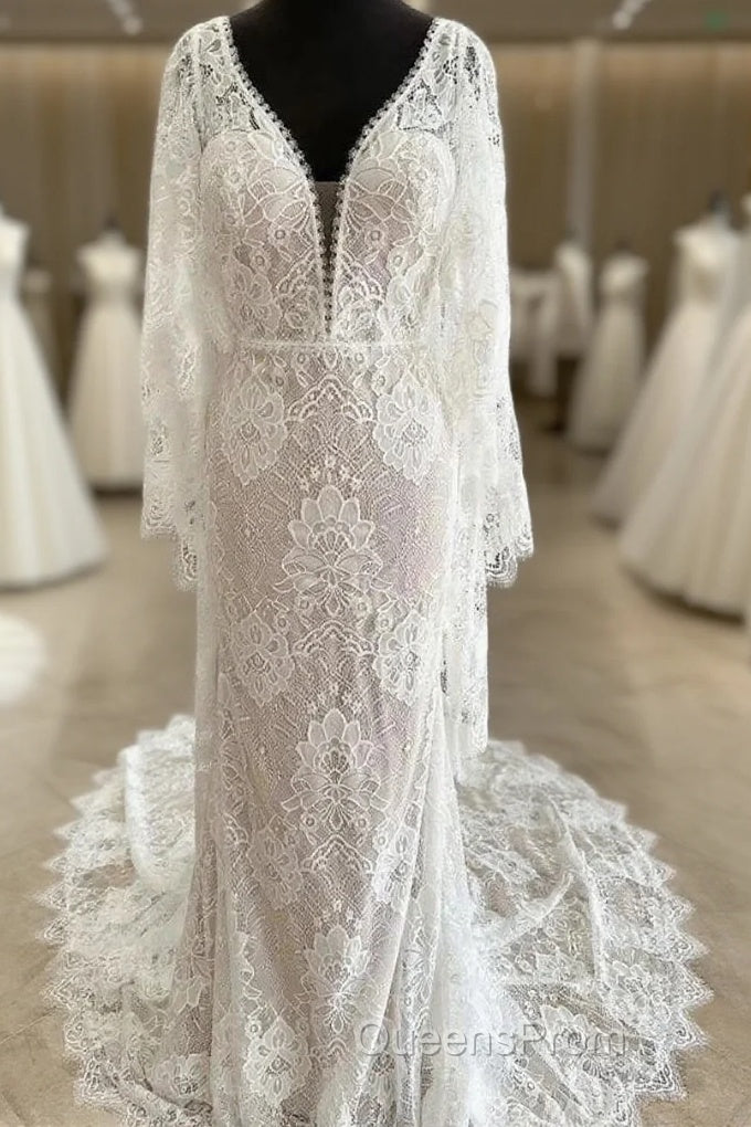 Lace Plunge V Mermaid Long Wedding Dress With Bell Sleeves