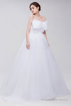 Lace Sheer Waist Long Pleated A-line Train Wedding Dresses with Half Sleeves