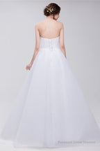 Lace Sheer Waist Long Pleated A-line Train Wedding Dresses with Half Sleeves
