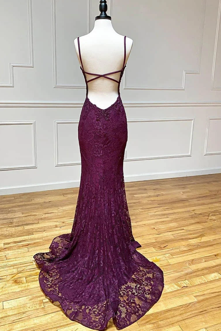 Lace Spaghetti Straps V-Neck Mermaid Classy Prom Dress With Slit Secondary image