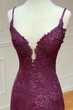 Lace Spaghetti Straps V-Neck Mermaid Classy Prom Dress With Slit