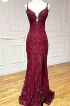Lace Spaghetti Straps V-Neck Mermaid Classy Prom Dress With Slit
