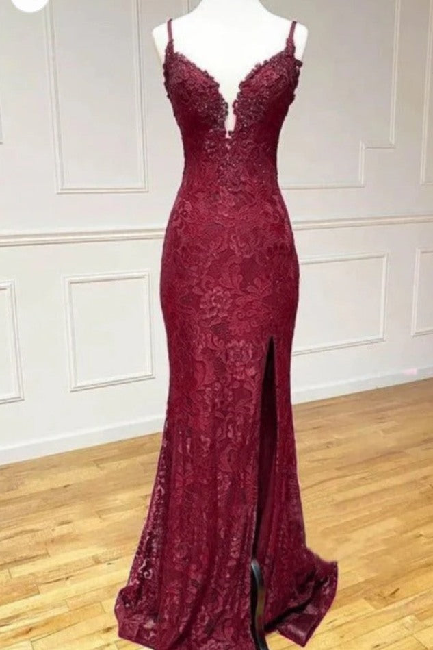 Lace Spaghetti Straps V-Neck Mermaid Classy Prom Dress With Slit