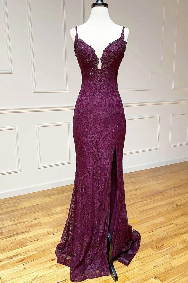 Lace Spaghetti Straps V-Neck Mermaid Classy Prom Dress With Slit