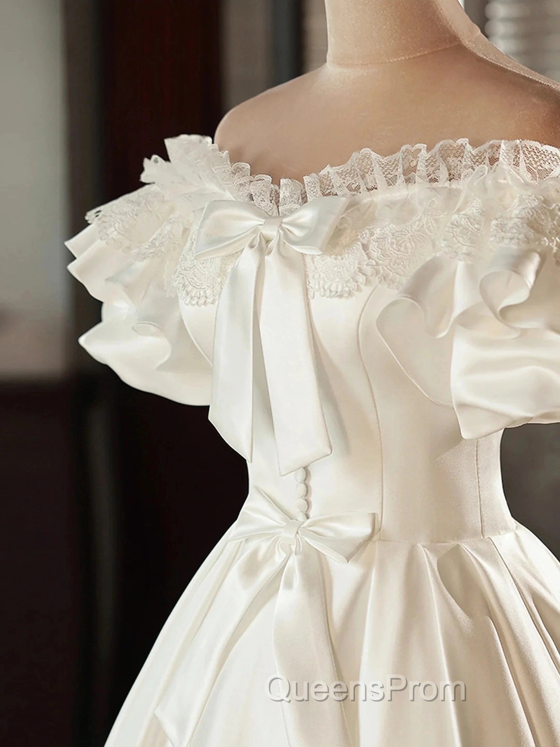 Lace Tea Length Bowknot White Satin Wedding Dress Secondary image