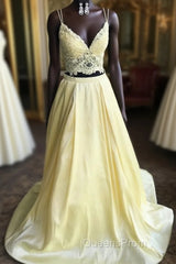 Lace Top Long Satin V Neck Two Pieces Yellow Evening Prom Dress