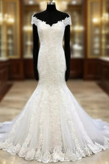 Lace Trumpet/Mermaid Sweep Train Off-The-Shoulder Wedding Dress