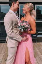 Lace Up Back Pink A-Line Empire-Waist Lace Appliques Long Classy Prom Dress
