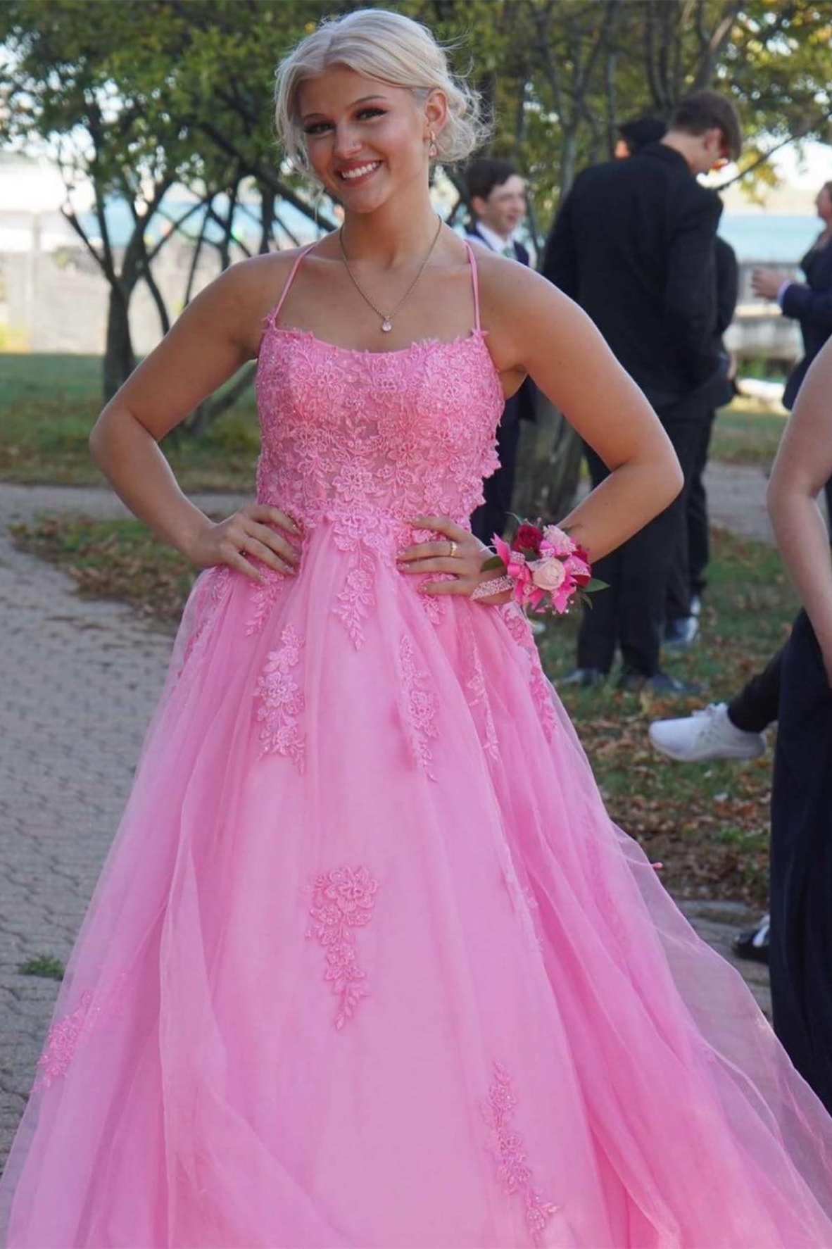 Lace Up Back Pink A-Line Empire-Waist Lace Appliques Long Classy Prom Dress