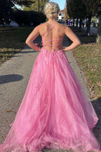 Lace Up Back Pink A-Line Empire-Waist Lace Appliques Long Classy Prom Dress