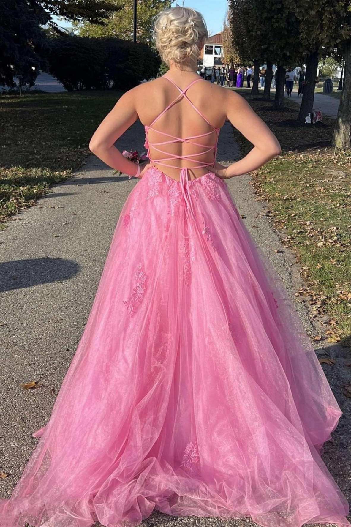 Lace Up Back Pink A-Line Empire-Waist Lace Appliques Long Classy Prom Dress