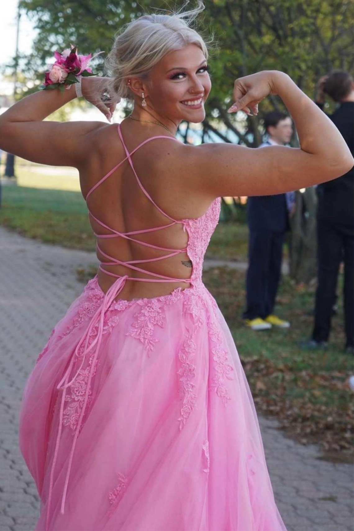 Lace Up Back Pink A-Line Empire-Waist Lace Appliques Long Classy Prom Dress