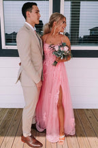 Lace Up Back Pink A-Line Empire-Waist Lace Appliques Long Classy Prom Dress