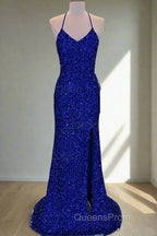 Lace-Up High Slit Royal Blue Glitters Long Party Dress