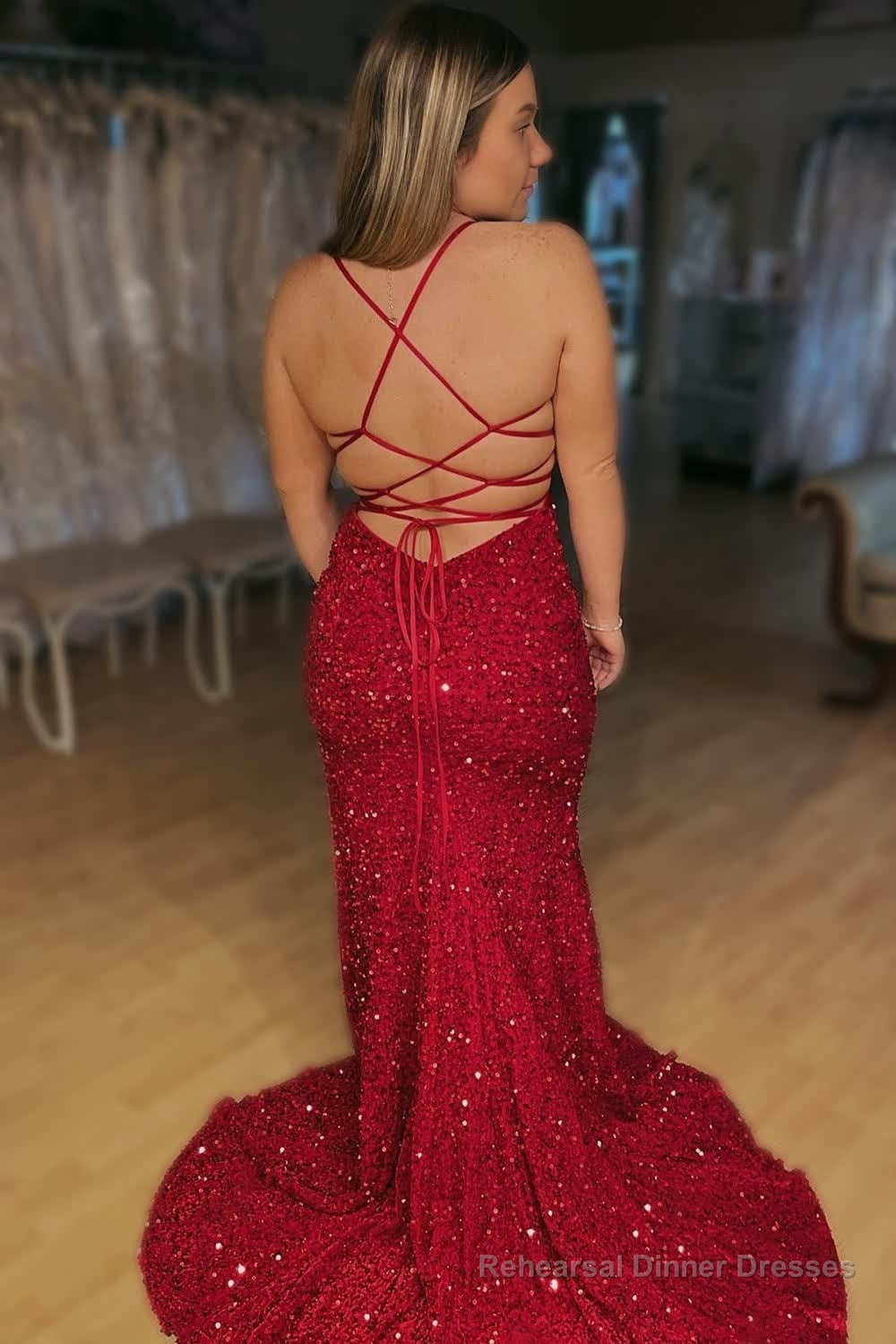 Lace-Up Mermaid Sparkly Burgundy Sequins Long Prom Dress with Slit Secondary image