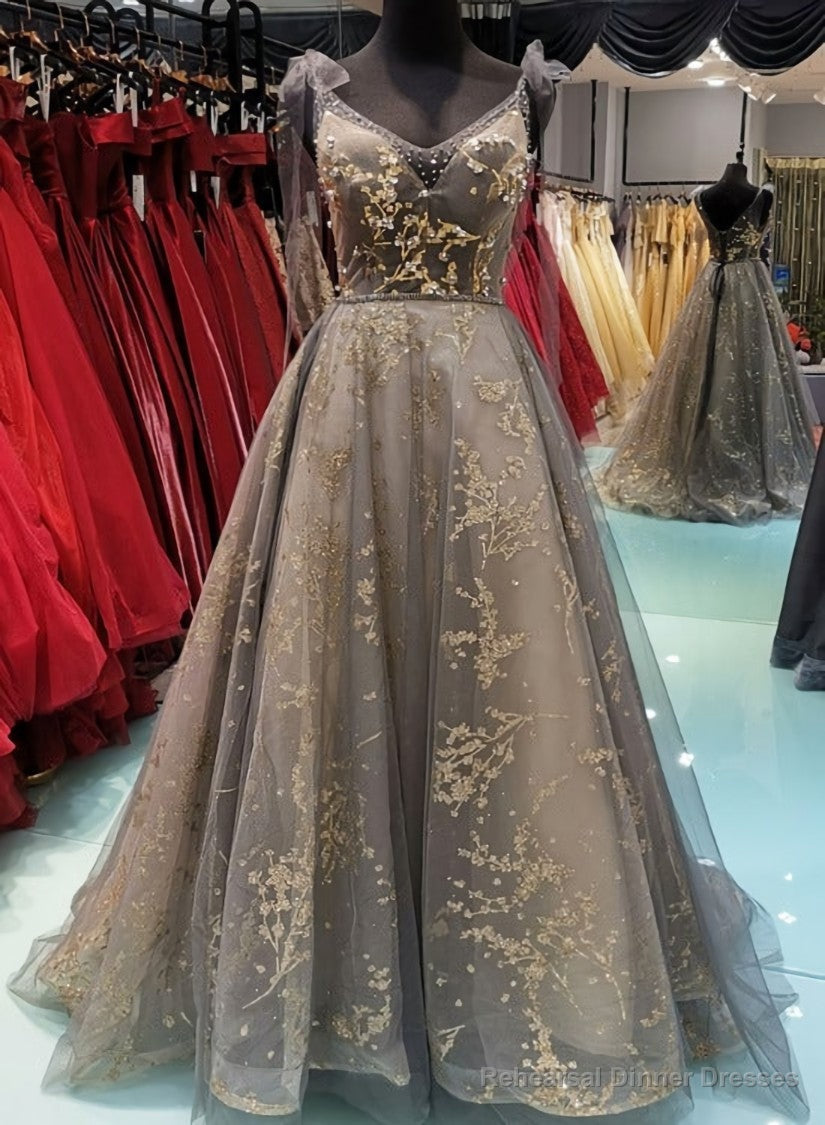 Lace V Neck A-line Long Customize Floor Length Formal Dress, Prom Dress Party Dress Secondary image