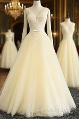 Lace Wedding Dress, Lovely Light Champagne Tulle Long Lace Evening Prom Dress