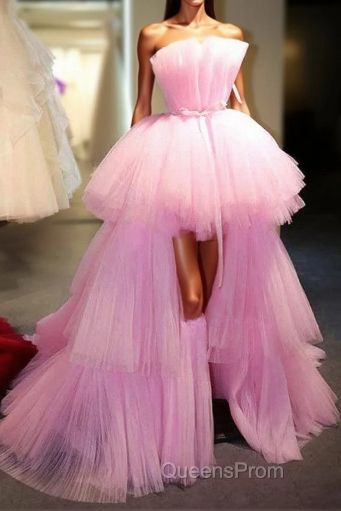 Latest High Low A-line Strapless Tulle Pink Formal Evening Prom Dress