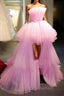 Latest High Low A-line Strapless Tulle Pink Formal Evening Prom Dress