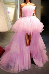 Latest High Low A-line Strapless Tulle Pink Formal Evening Prom Dress