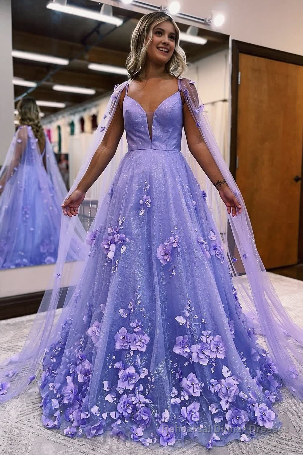 Lavender 3D Floral Lace A-Line Prom Dress with Cape Sleeves Main image