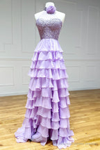 Lavender A line High Neck Tiered Chiffon Prom Dress with 3D Flower