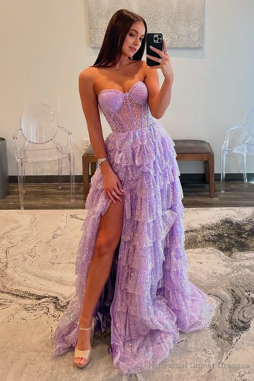 Lavender A-Line Sweetheart Sequins Long Prom Dresses With Split Main image