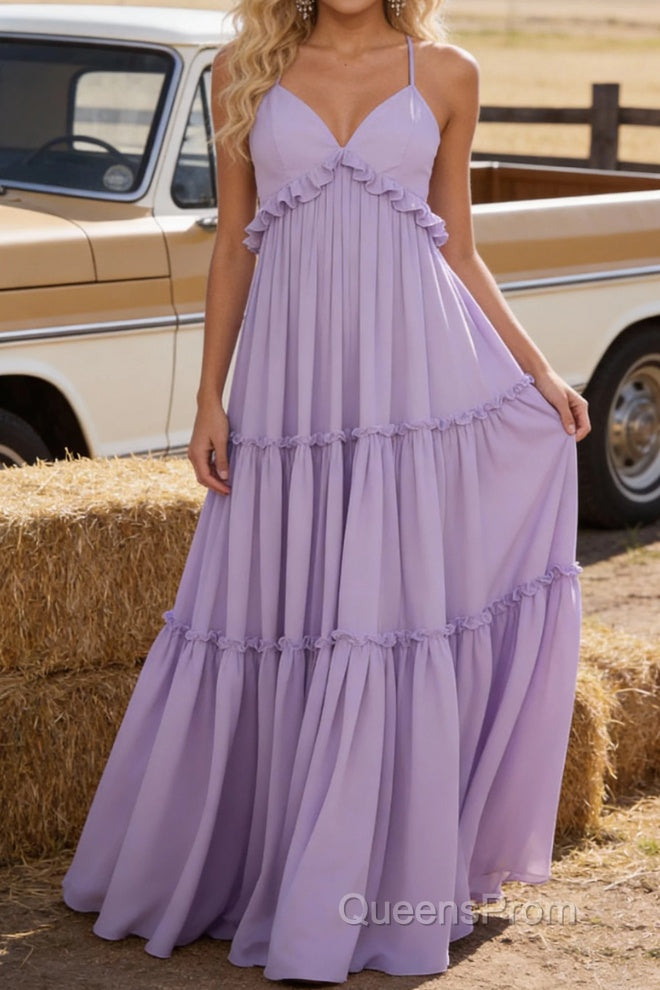 Lavender A-line V Neck Sleeveless Floor-Length Chiffon Prom Dress Long Prom Dresses Backless with Pleated Ruffles Secondary image