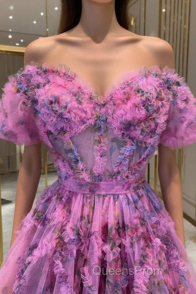 Lavender & Fuchsia Off-the-Shoulder Ruffles Homecoming Dress