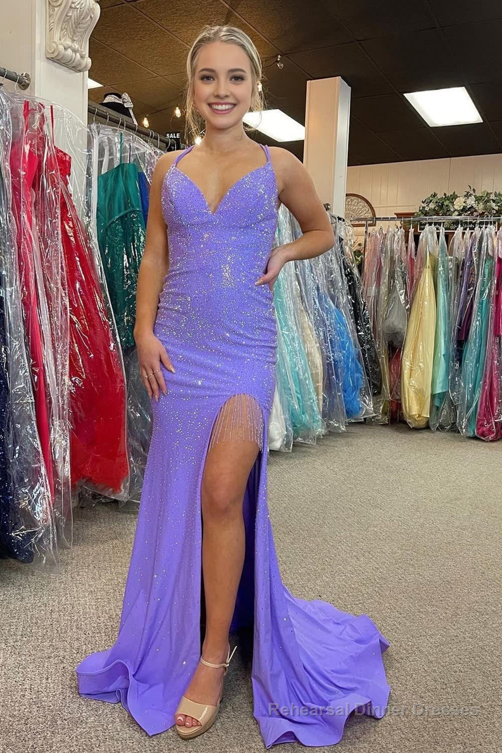 Lavender Halter Sparkly Beaded Prom Dress with Fringes Main image