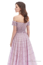Lavender Lace Off the Shoulder Beaded Sequins Sweep-Train A-Line Prom Dresses