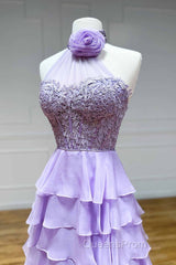 Lavender Long Tiered Violet Evening Prom Dress Ruffle High Neck With 3D Flower