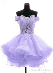 Lavender Off Shoulder Lace Sweetheart Homecoming Dresses, Light Purple Party Dress