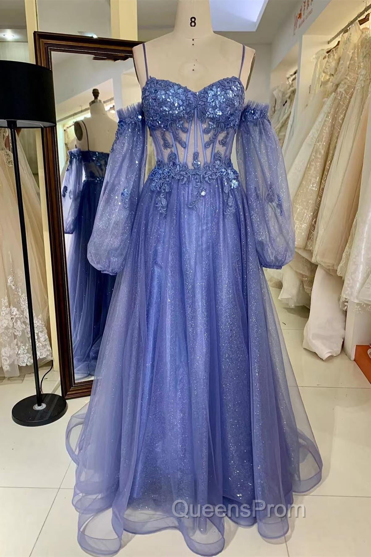 Lavender Off-The-Shoulder Sequins Applique Boning Long Evening Prom Dress