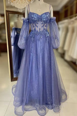 Lavender Off-The-Shoulder Sequins Applique Boning Long Evening Prom Dress