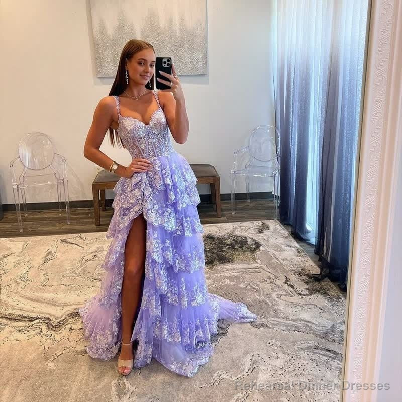Lavender Princess A Line Off the Shoulder Corset Prom Dress with Lace Ruffles Main image