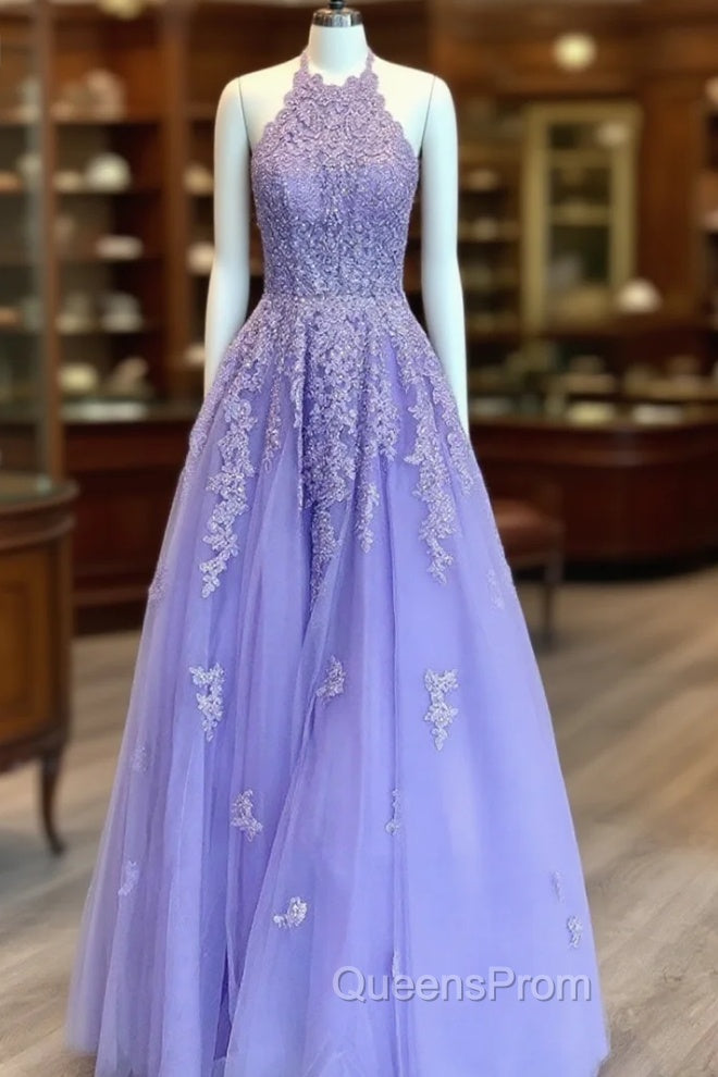 Lavender Evening Prom Dress, Princess Halter Long/Floor-Length Lace Tulle Evening Prom Dress With Appliqued Beading Main image