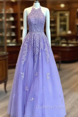 Lavender Evening Prom Dress, Princess Halter Long/Floor-Length Lace Tulle Evening Prom Dress With Appliqued Beading