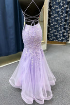 Lavender Spaghetti Straps Mermaid Evening Prom Dress With Appliques