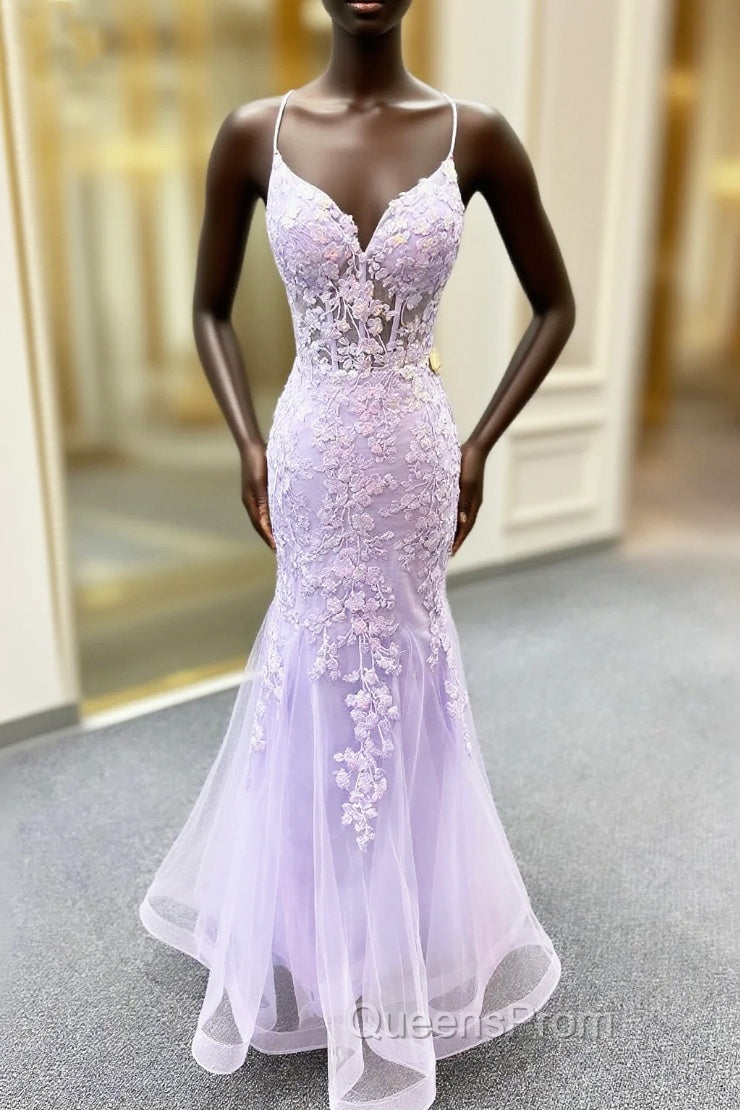Lavender Spaghetti Straps Mermaid Evening Prom Dress With Appliques Main image