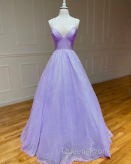 Lavender Sparkly Evening Prom Dress V Neck Ball Gown