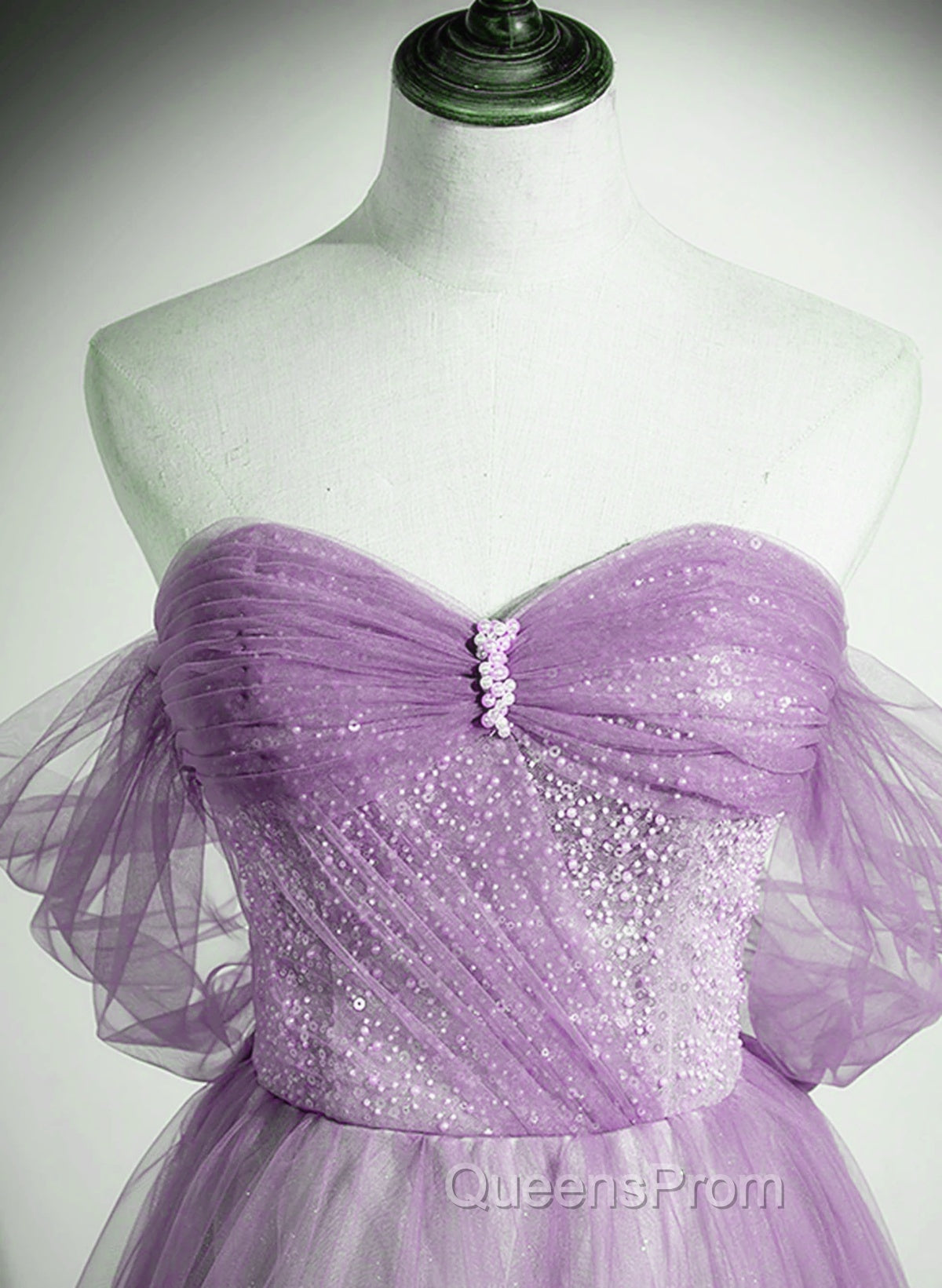 Lavender Tulle A-Line Beaded Off Shoulder Party Dress, Lavender Long Formal Dress Secondary image