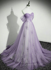 Lavender Tulle A-Line Beaded Off Shoulder Party Dress, Lavender Long Formal Dress